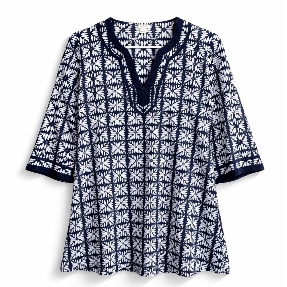 J Crew‎ Navy White 100% Cotton Boho Art Teacher Tunic Shirt Small